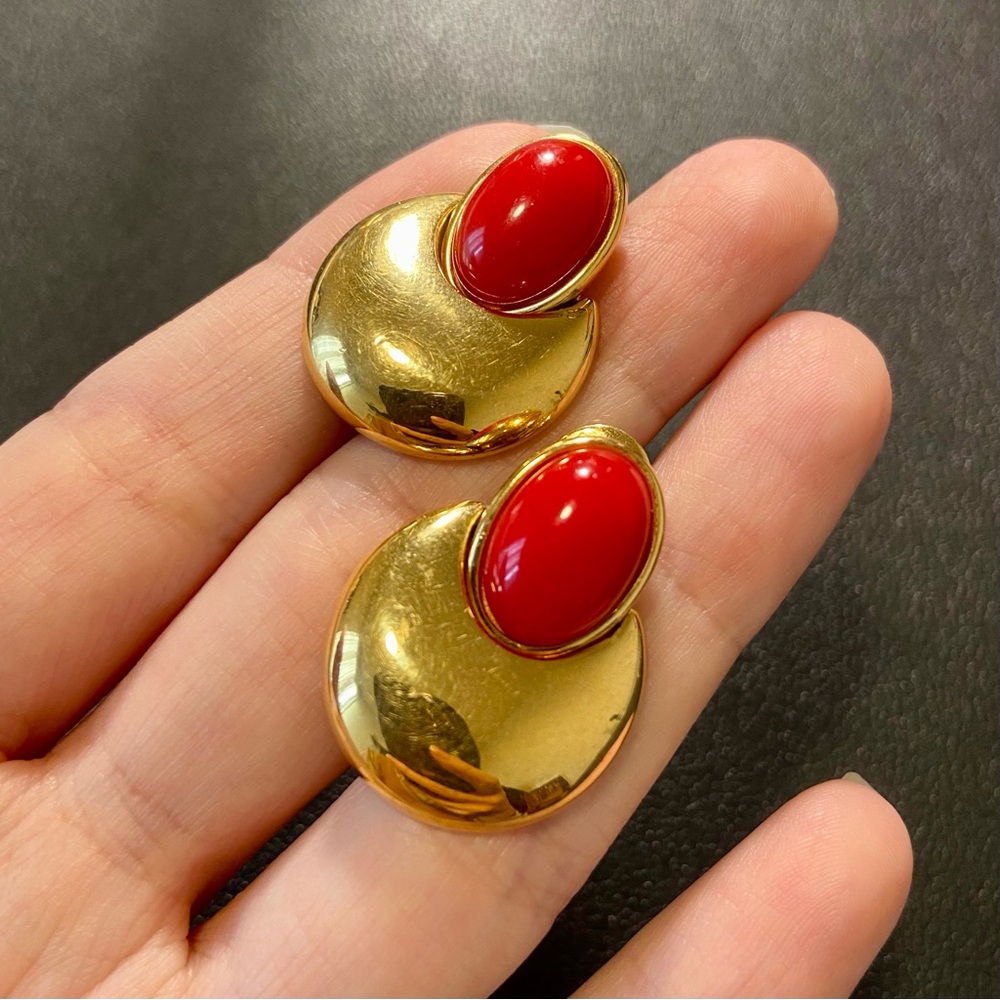 Vintage Signed Monet Gold and Red Statement Dangle Earrings